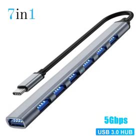 محور USB متعدد المنافذ من الألومنيوم مع 7 محول USB-C 3.0 لماك بوك - فضي