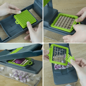 قطاعة خضروات متعددة الوظائف 14 في 1، مثالية لتقطيع البصل، البطاطس، الطماطم، الخيار والجزر بسرعة وسهولة.